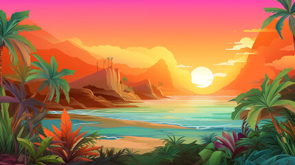 Obraz premium Tropical Sunset Over Vibrant Coastal Landscape With Lush Greenery And Mountains In Background