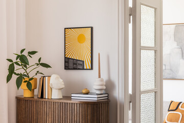 Stylish interior with a wooden cabinet adorned with potted plants, decorative objects, and books. A...