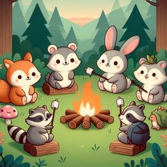 Fototapeta premium キャンプファイヤーを囲む可愛い動物たち