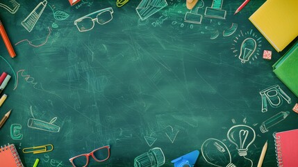 Chalkboard background with doodles and blank copyspace for childhood imagination and education success
