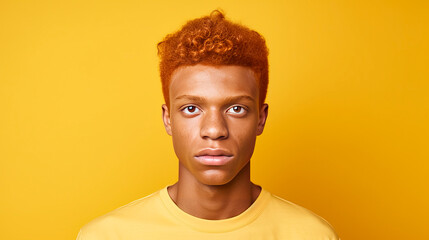 Obraz premium Portrait of a serious troubled African American red-haired teenager guy with perfect skin, yellow background, banner.