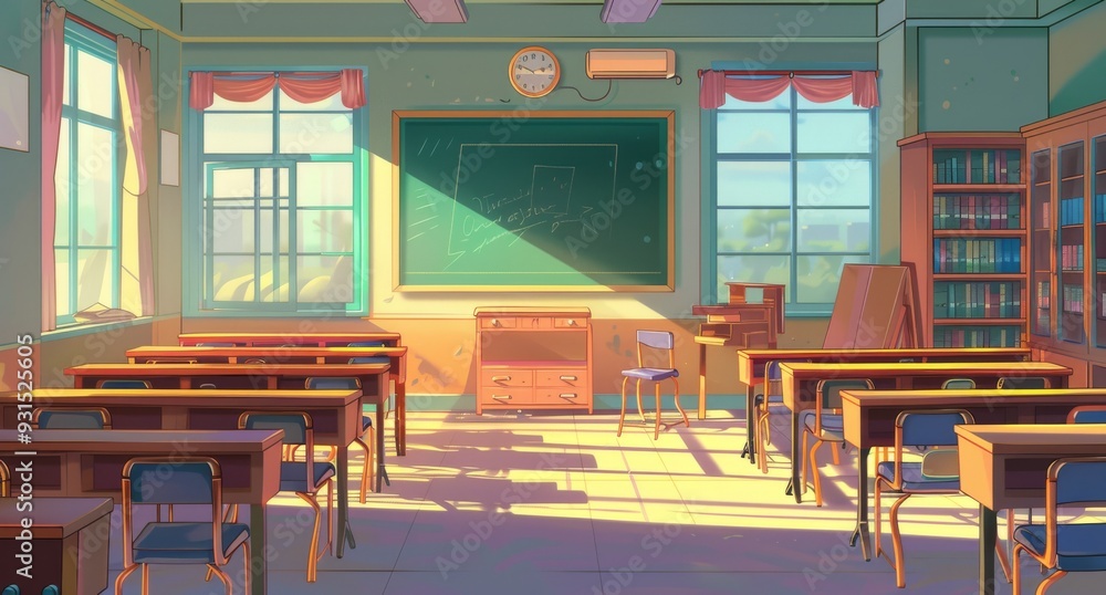 Poster illustration of a modern cartoon background with an empty classroom inside. typical college lecture 