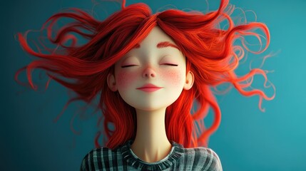 3D cartoon of a trendy teenage girl with vibrant red hair shaking her head in various directions