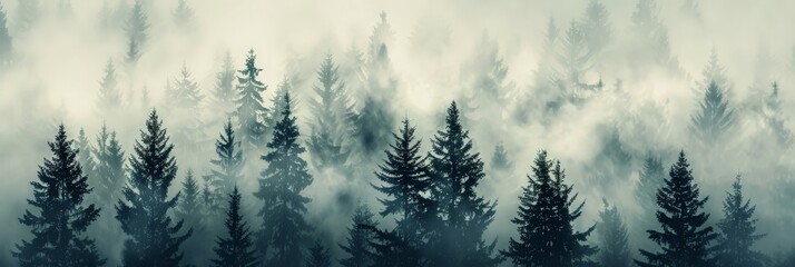 Majestic fir trees enveloped in thick fog, with a grainy film texture for a retro feel