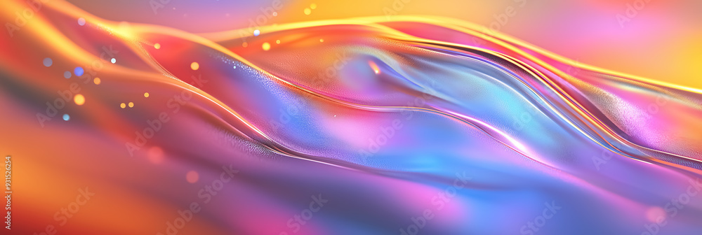 Poster a summer-themed abstract background with a multicolored gradient, featuring fluid holographic effect