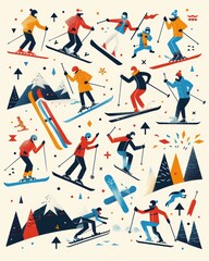 Winter Olympics celebration. Various winter sports in action, snowy mountains element, Athletes competing in skiing, skating, snowboarding.