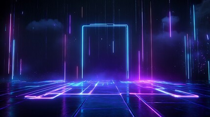 Futuristic neon light background with glowing door frame, digital technology concept in a dark space