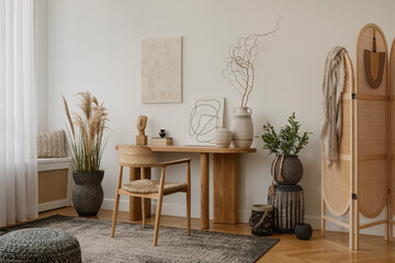 Modern home office with a minimalist design, featuring a wooden desk with decorative items, a chair, and potted plants. A doorway reveals a cozy adjoining room. Natural light and atmosphere.