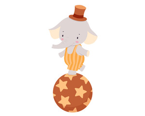 Cute baby circus elephant on ball. Funny animal in vintage costume. Hand drawn isolated illustration for kids
