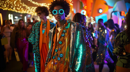 Fototapeta premium Vibrant Fashion Party with Models Wearing Futuristic Neon and Metallic Outfits