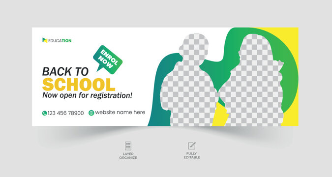 School admission facebook cover design, back-to-school social media banner, online education banner ads template.	