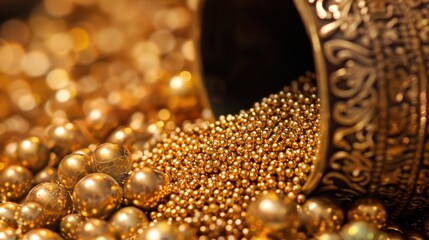 A close-up of gold beads spilling from an ornate container, creating a sense of abundance