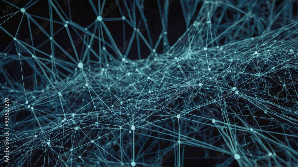 Poster a computer-generated image of an intricate network of glowing blue lines and dots, symbolizing conne
