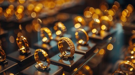 A close-up of gold rings on display in a jewelry store, shining under the lights
