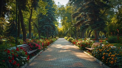 Obraz premium Blooming green park Botanical Garden Almaty : Generative AI