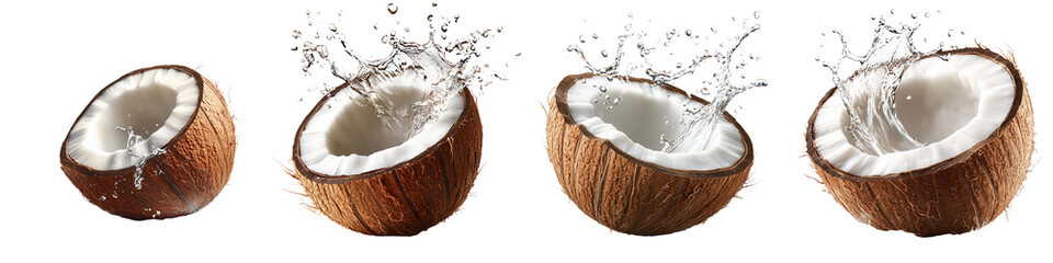 Fototapeta premium Dynamic coconut splash sequence showcasing fresh coconut water in action, perfect for tropical-themed designs. isolated on a transparent background