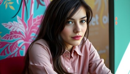 Candid image, photography, natural textures, highly realistic light, editorial, A young Caucasian woman with long dark hair wearing a button-up shirt, sitting against a vibrant background