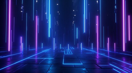 Futuristic neon light hallway with glowing lines, depicting a sci-fi cyberpunk environment. Perfect for technology and digital backgrounds.