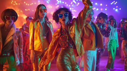 Fototapeta premium Group of Partygoers in Sparkling Disco Attire and Colorful Lighting