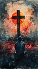 A figure wearing a hat stands in front of a cross against a dramatic sunset, merging elements of mystery and reflection, bringing a sense of peace and spiritual introspection.