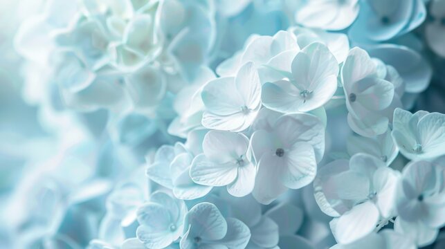 A close-up of light blue hydrangea flowers in full bloom, creating a soft and delicate scene