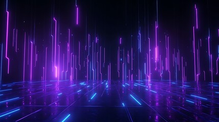 Futuristic neon light vertical lines in a dark space creating a vibrant digital abstract background. Perfect for tech themes and modern designs.