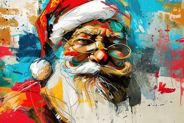 A street art style illustration of Santa Claus, using bold colors and dynamic brushwork to capture the energy and excitement of the holiday