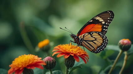 Fototapeta premium A monarch butterfly rests delicately on a vibrant purple flower in a serene garden