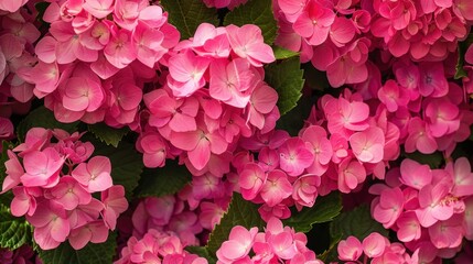Obraz premium A close-up of pink hydrangeas in full bloom, creating a lush and vibrant floral display