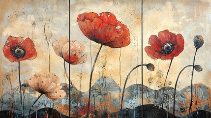 Set of three abstract floral art panels with flowers