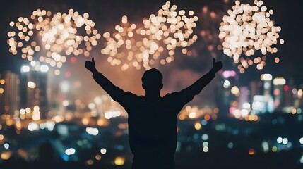 Wide shot of a human in a city square raising arms, fireworks lighting up the urban skyline, bright...