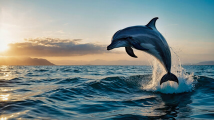 Obraz premium A dolphin leaps gracefully out of the ocean, silhouetted against a bright blue sky