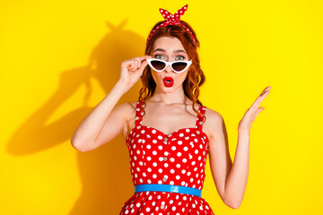 Photo of lovely cute adorable lady wear red stylish clothes sunglass retro party isolated on yellow color background