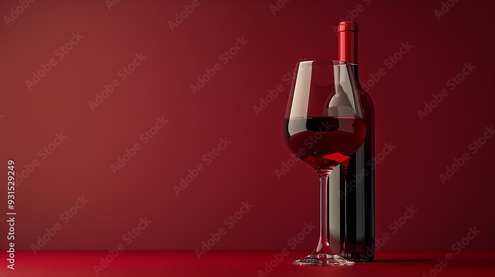 Aufkleber bottle and glass of red wine on a red background copy space : generative ai