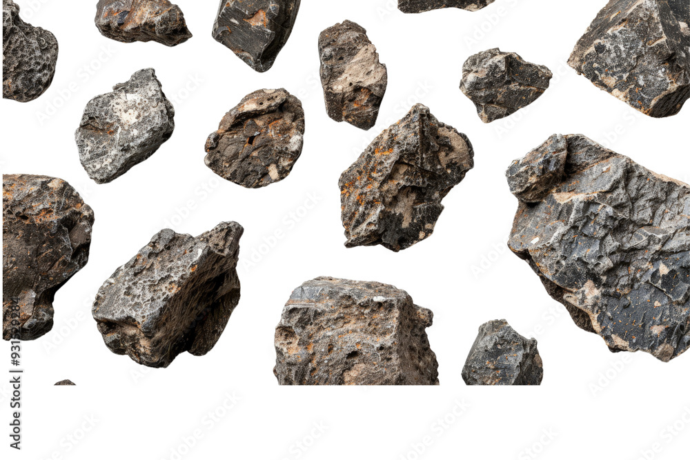 Poster close-up of asteroids and meteorites, isolated on a white background, emphasizing their rocky textur