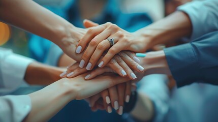 Business people hands and collaboration of team with support celebration and corporate success Office professional and lawyer group with solidarity of workforce with motivation at law  : Generative AI