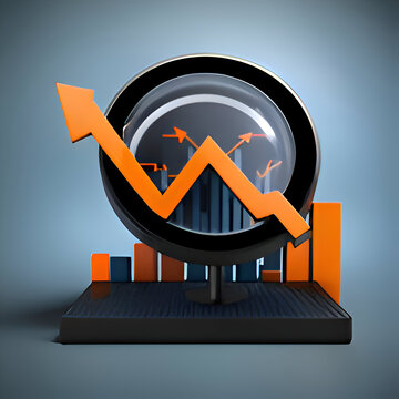 icon in 3 d, magnification of the graph with an up arrow on the graph itself,icon in black, arrow orange