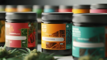 Close up of professionally designed labels on various medical cannabis products including bottles jars and containers featuring clear and informative text about the contents and applications