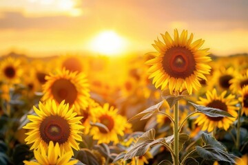 Obraz premium A sunflower field at dawn, with the first light of the day casting a golden glow over the flowers.