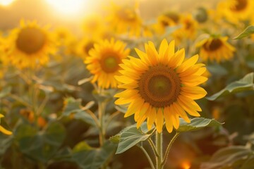 Obraz premium A sunflower field at dawn, with the first light of the day casting a golden glow over the flowers.