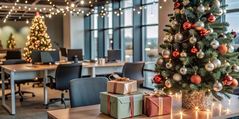 Festive Cheer in the Office: Christmas Decor Brightens the Workspace. A modern office space adorned with twinkling Christmas trees, wrapped gifts on desks, and a warm, inviting atmosphere. 