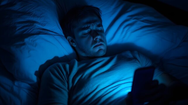 Person in bed with a smartphone, sleep tracker showing poor sleep quality, dark room, blue light illuminating face, emphasizing sleep disruption, tired and restless mood