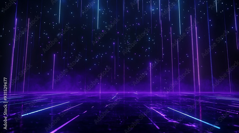 Poster futuristic neon lights creating a digital data stream on a dark background, perfect for tech and sci
