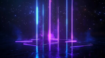 Futuristic neon lights, glowing purple and blue in a dark, cosmic background, reflecting on a sleek surface.