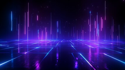 Fototapeta premium Futuristic neon lights creating a digital cyber space atmosphere with glowing grids and vibrant colors, perfect for tech and digital themes.