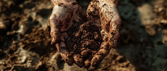Hands crumbling dry soil 
