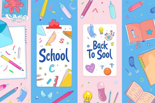Social media post template, icon bag, books, ruler, eraser, flat illustration to promote back to school