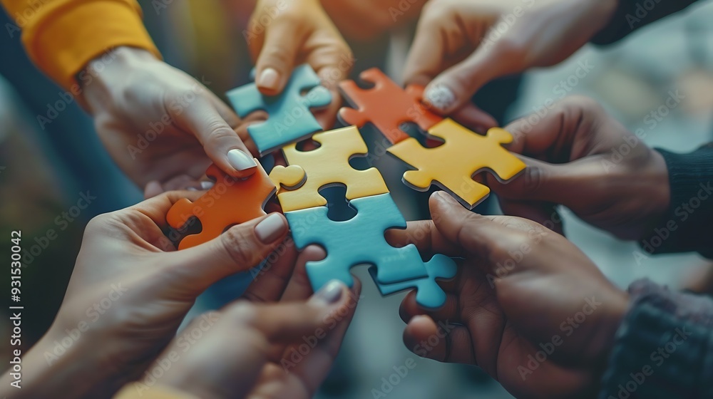 Poster Puzzle above and hands of business people for teamwork collaboration and working together Meeting diversity and workers with jigsaw for problem solving challenge and cooperation in off : Generative AI