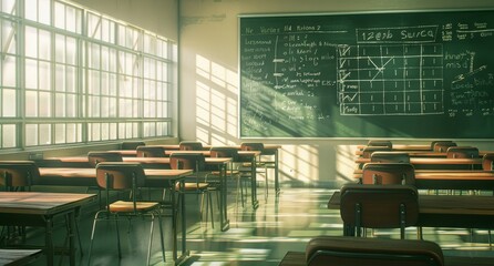 This is an interior view of a wooden classroom with wooden desks and chairs.