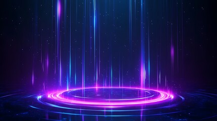 Futuristic neon lights forming a circle on a dark background, creating an immersive digital and tech atmosphere. Vibrant and dynamic visuals.